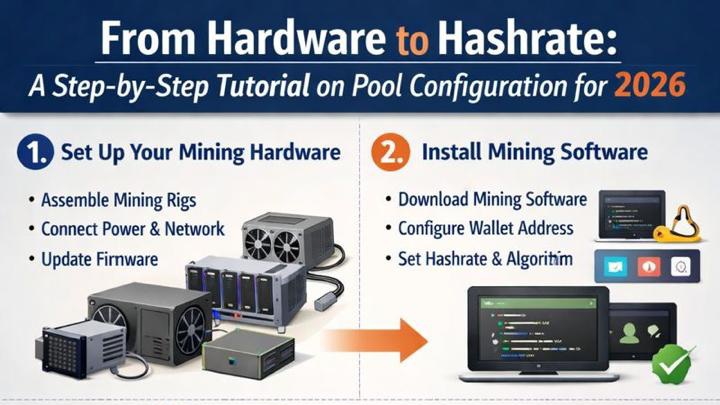 Step-by-step mining pool configuration guide showing hardware setup, wallet connection, and hashrate optimization for 2026