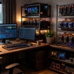 Modern GPU mining rig operating in a home office environment with multiple high-performance graphics cards and efficient cooling
