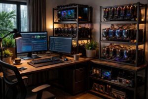 Modern GPU mining rig operating in a home office environment with multiple high-performance graphics cards and efficient cooling