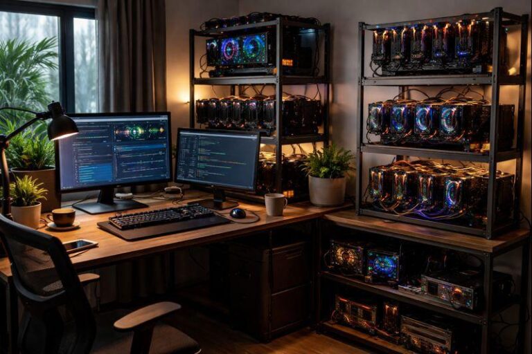 Modern GPU mining rig operating in a home office environment with multiple high-performance graphics cards and efficient cooling