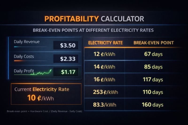 Mining profitability calculator illustrating break-even points at multiple electricity cost levels