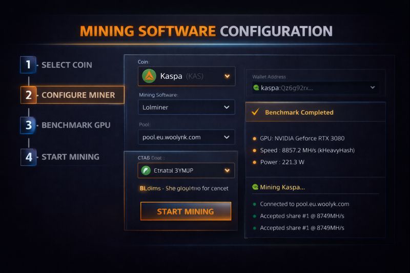 Step-by-step screenshot showing how to configure cryptocurrency mining software settings