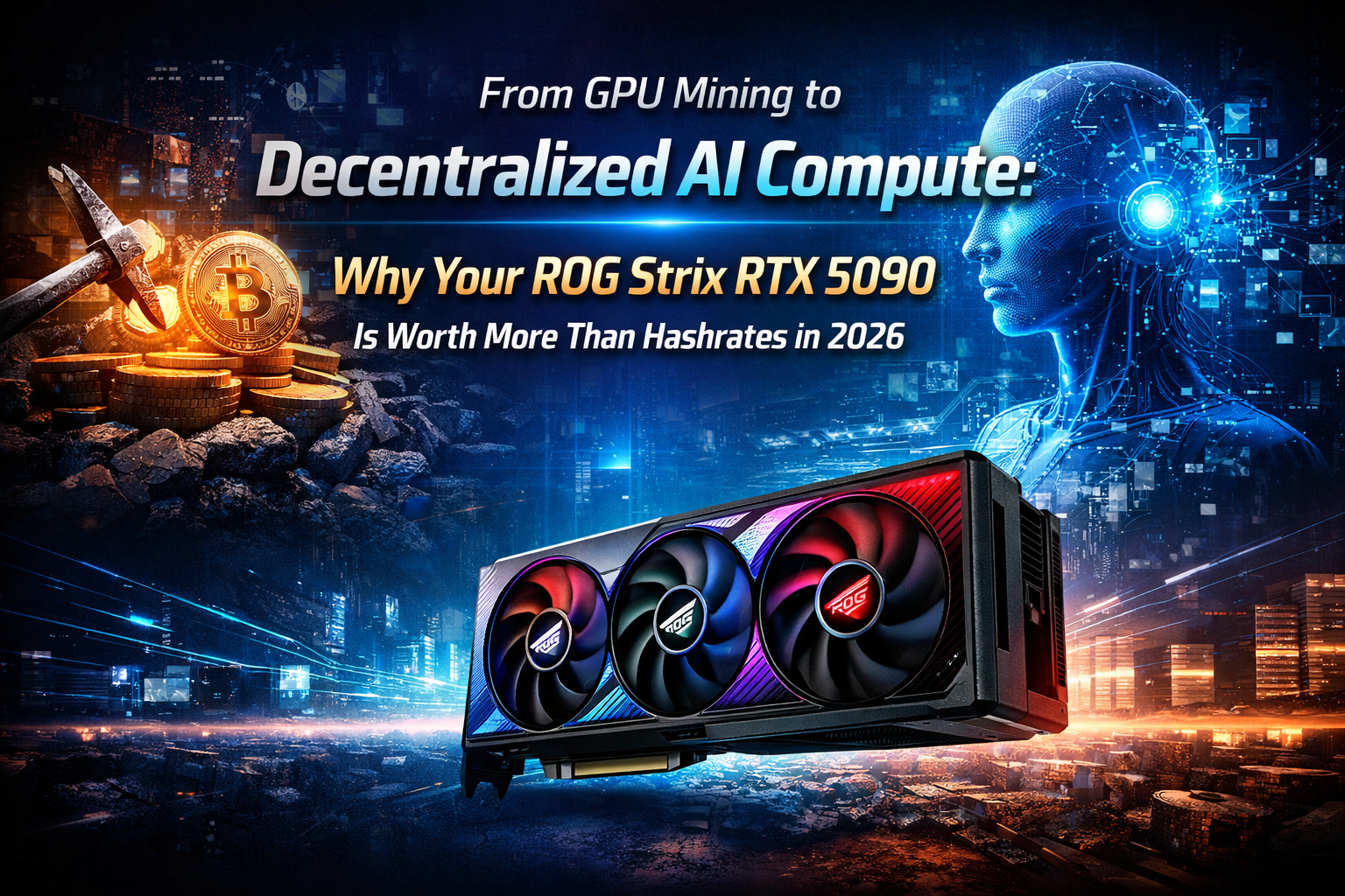 From GPU mining to decentralized AI compute showing an ROG Strix RTX 5090 with Bitcoin mining tools transitioning into futuristic AI network infrastructure in 2026.